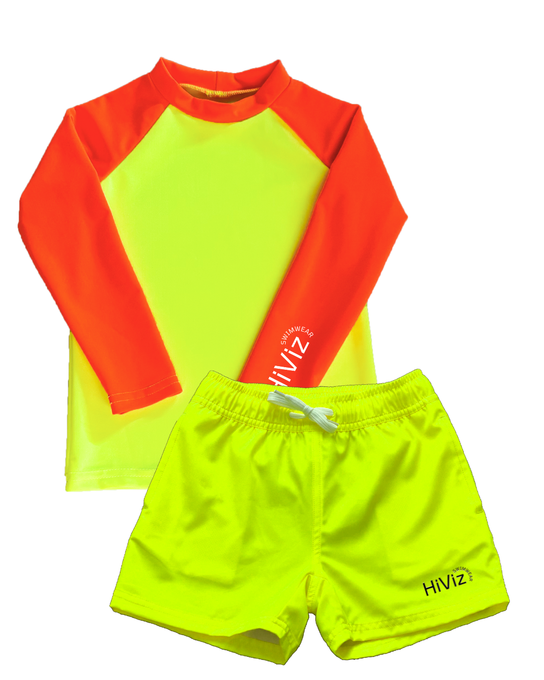 Product image of a neon yellow and neon orange rash guard with neon yellow swim trunks with boxer brief liner.